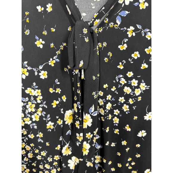 Karl Lagerfeld Paris Floral 3/4 Sleeve Blouse Cut Out Tie Neck Black Yellow 2X - Picture 6 of 10